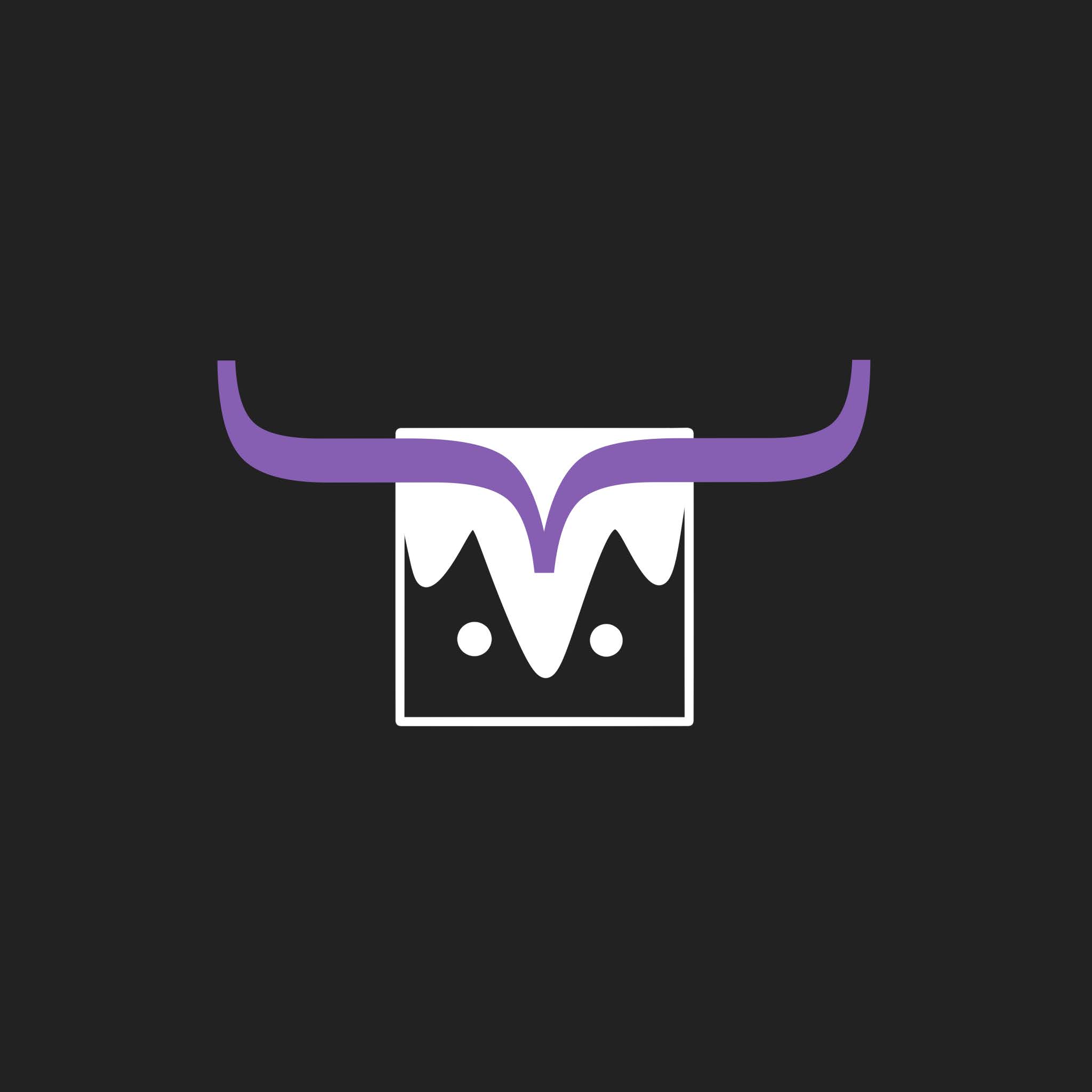 Logo silueta blanca y cuernos violeta sobre fondo negro